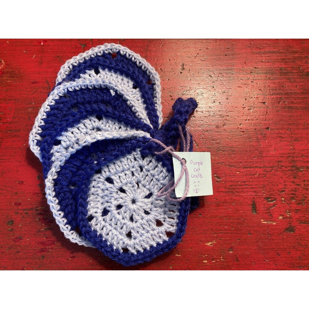 PURPLE CAT CRAFTS Handmade Crocheted Coasters Lot of 6 Blue White